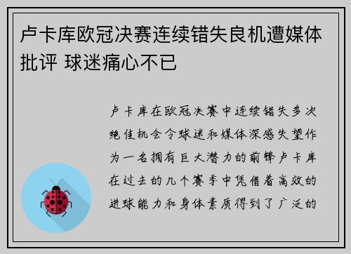 卢卡库欧冠决赛连续错失良机遭媒体批评 球迷痛心不已 卢卡库欧冠决赛连续错失良机遭媒体批评 球迷痛心不已