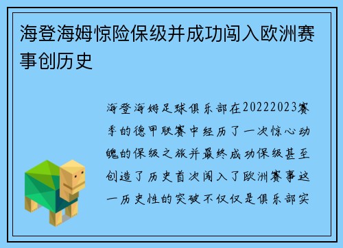 海登海姆惊险保级并成功闯入欧洲赛事创历史