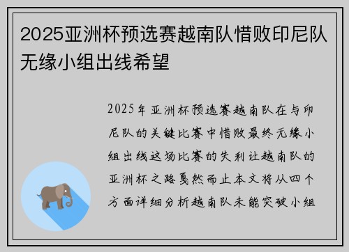 2025亚洲杯预选赛越南队惜败印尼队无缘小组出线希望