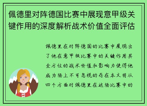 佩德里对阵德国比赛中展现意甲级关键作用的深度解析战术价值全面评估